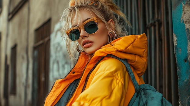 a woman wearing a yellow jacket with a blue backpack and sunglasses