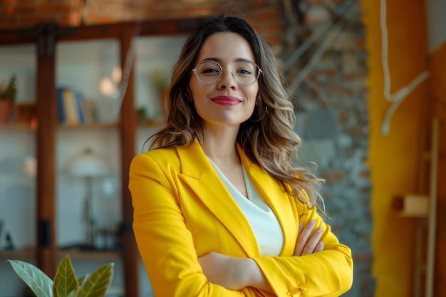 a woman wearing a yellow jacket with her arms crossed