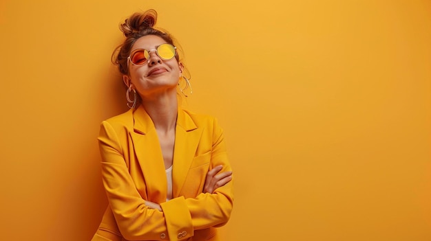 Photo a woman wearing a yellow jacket with sunglasses on and a yellow background