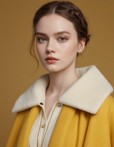 a woman wearing a yellow jacket with a white collar and a yellow top