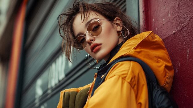 a woman wearing a yellow jacket with a yellow jacket and sunglasses