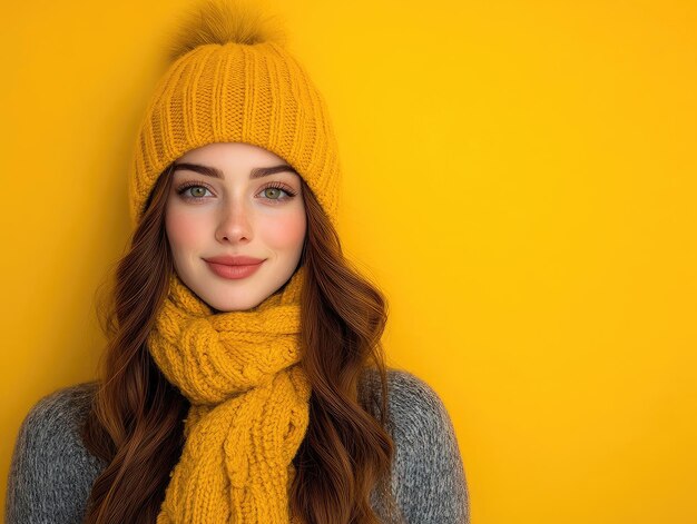 Photo a woman wearing a yellow knitted hat and scarf is posing for a picture