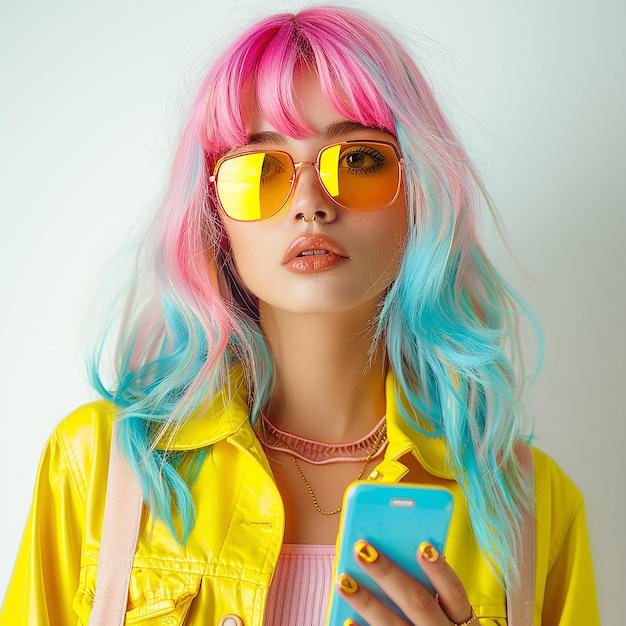 a woman wearing a yellow and pink outfit with bright pink and blue hair and a yellow shirt with blue and pink highlights