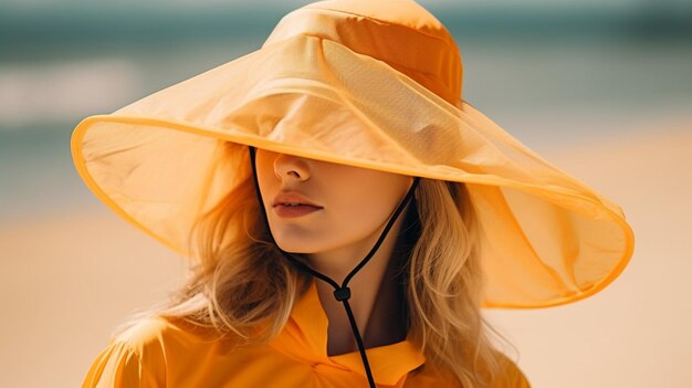 A woman wearing a yellow raincoat and a hat is standing on a beach.