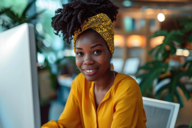 A woman wearing a yellow scarf and smiling at the camera