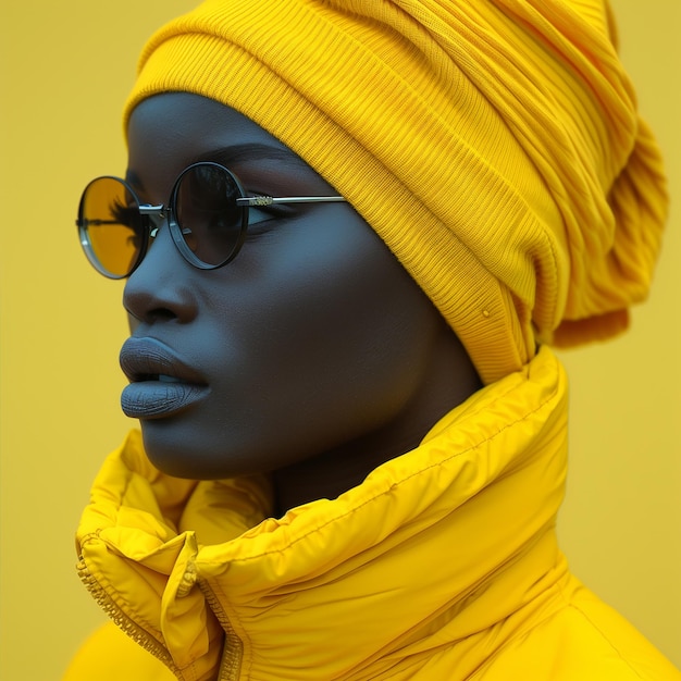 Woman wearing a yellow scarf and sunglasses is wearing a yellow scarf