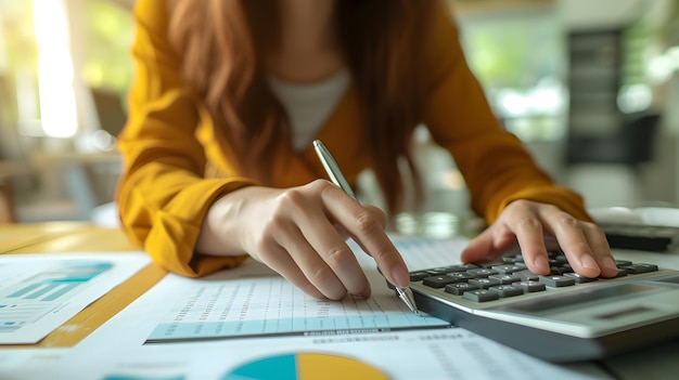 A woman wearing a yellow shirt is sitting at a desk using a calculator She has working on paperwork