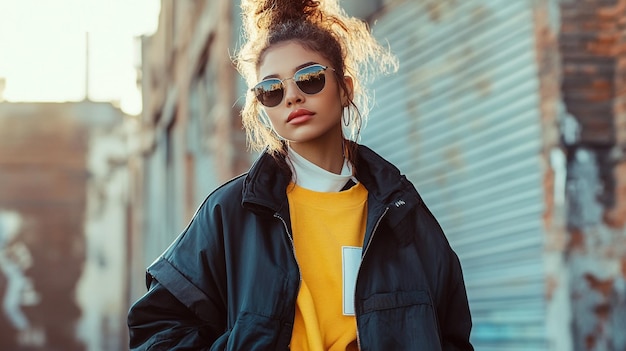 a woman wearing a yellow shirt and sunglasses is wearing a jacket that says quot shes wearing a yel