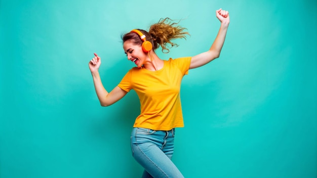 Photo a woman wearing a yellow shirt with her arms up in the air