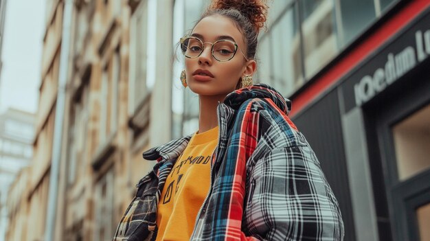 Photo a woman wearing a yellow shirt with the word quot on it