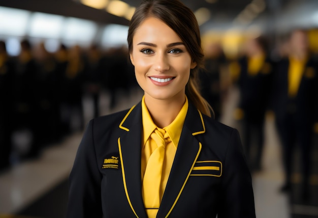 Photo a woman wearing a yellow shirt with a yellow tie and a black jacket with a yellow tie