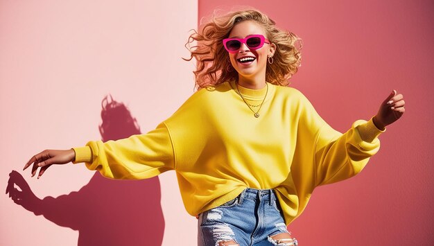 Photo a woman wearing a yellow shirt with a yellow top and blue jeans