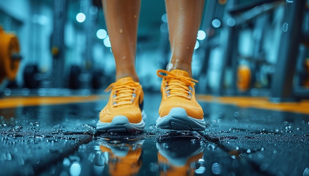 a woman wearing yellow shoes stands on a reflective surface with water drops on it