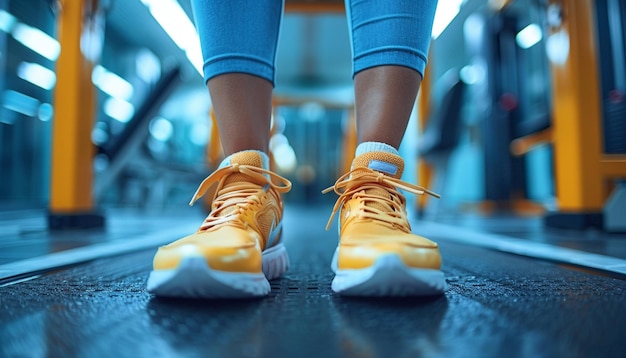 a woman wearing yellow shoes stands on a treadmill