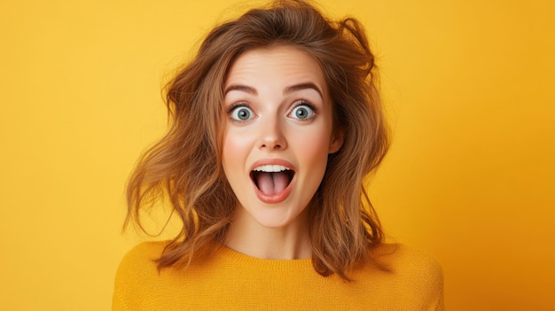 A woman wearing a yellow sweater expressing surprise with wide eyes and an open mouth set against a matching yellow background