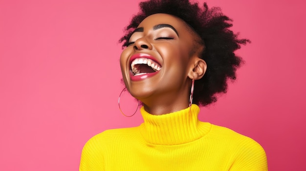 A woman wearing a yellow sweater is laughing and wearing a yellow sweater.