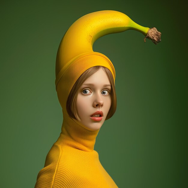 Photo woman wearing yellow turtleneck and a banana hat looking surprised