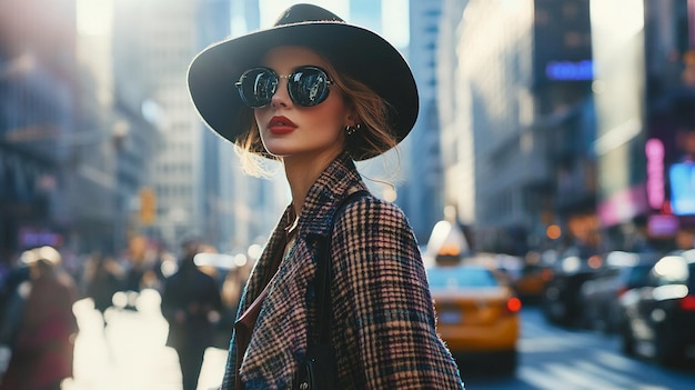 a woman wears a hat and sunglasses on the street