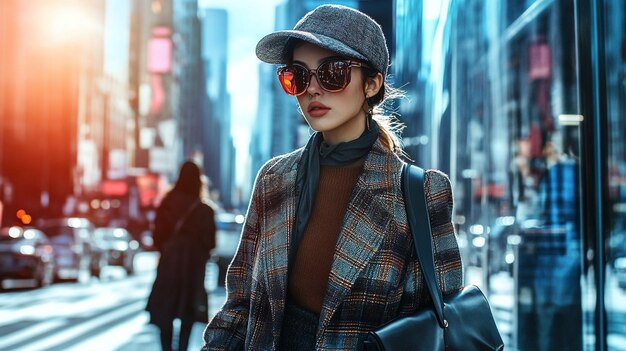 Photo a woman wears a hat and sunglasses with a scarf that says fashion