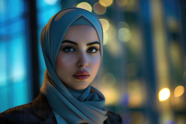 A woman wears a hijab standing in front of a window