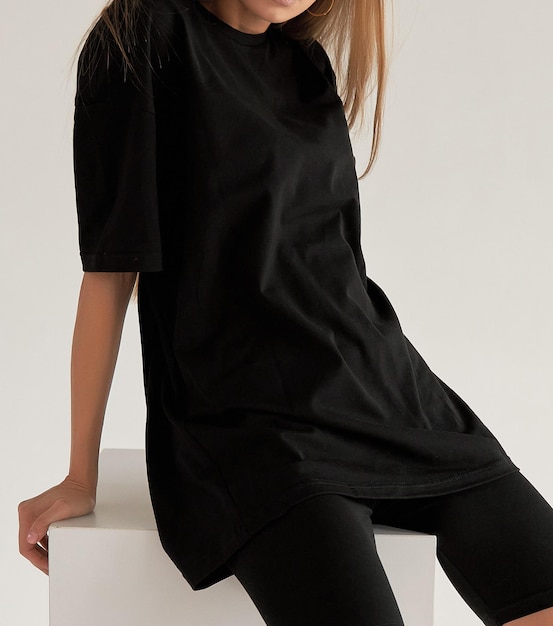 Photo woman wears oversize black shirt and black shirt dark streetwear outfit young girl