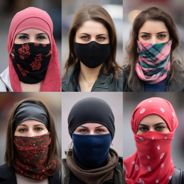 A woman wears a scarf with a red and blue scarf that says'i don't wear it '