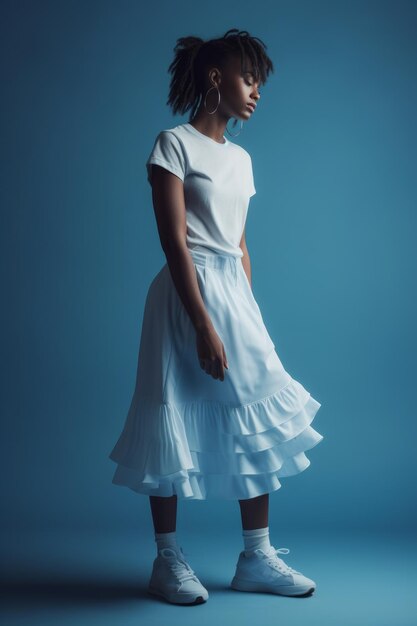 A woman wears a white dress with ruffles and a white top.