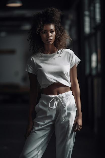 A woman wears a white shirt with a logo on it.