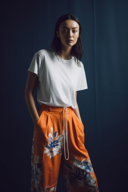 A woman wears a white t - shirt with a floral skirt.