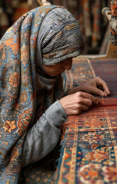 Photo a woman weaving intricate patterns on a traditional loom in a cozy workshop