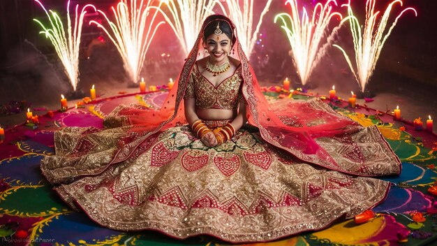 a woman in a wedding dress is sitting on a mat with fireworks behind her