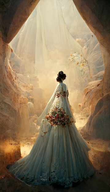 Woman in a wedding dress standing in a cave generative ai