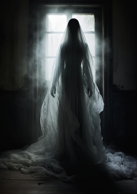 woman wedding dress standing front window horror ghost dynamic backlighting pulling move banshee