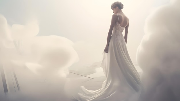 A woman in a wedding dress stands in the clouds.