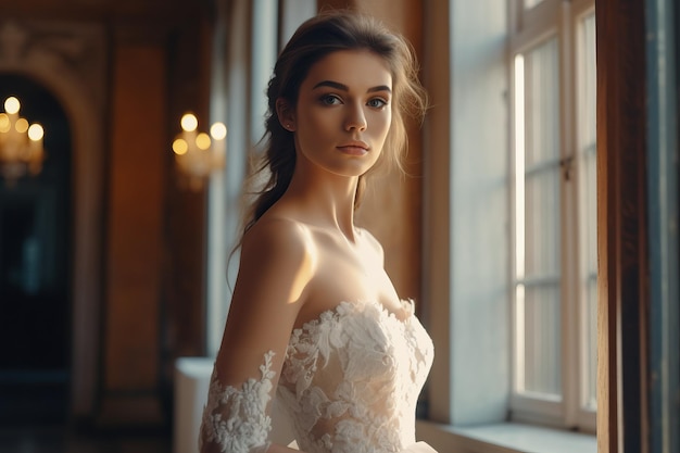 A woman in a wedding dress stands in front of a window.