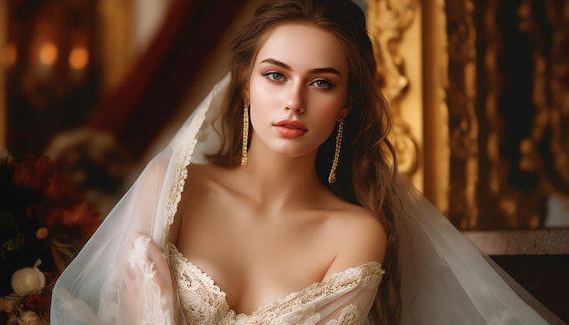 A woman in a wedding dress stands in a golden room