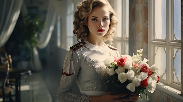 a woman in a wedding dress with a bouquet of flowers.