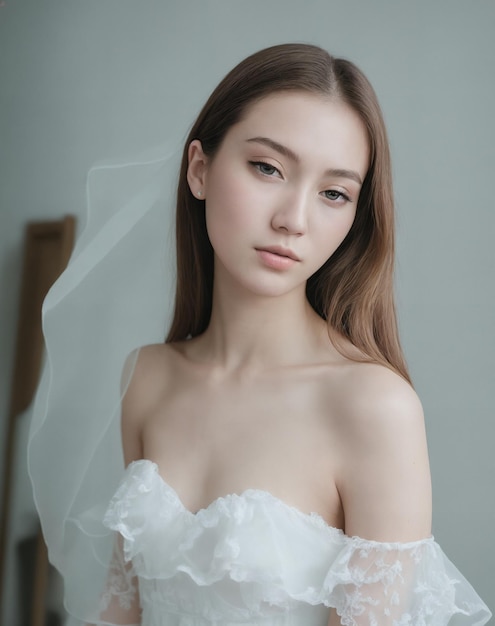 A woman in a wedding dress with a white wedding dress