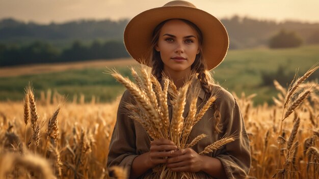 a woman in a wheat field with a hat on her head