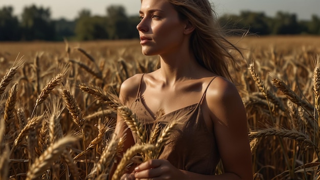 a woman in a wheat field with the sun behind her