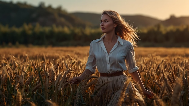 a woman in a wheat field with the sun setting behind her