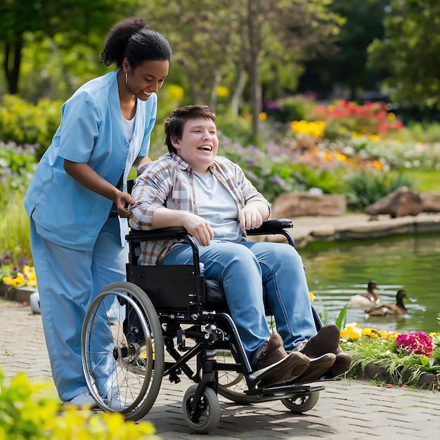 a woman in a wheelchair is helping a man with a wheelchair