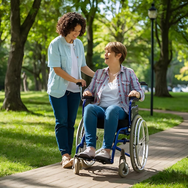 a woman in a wheelchair is helping a woman with a wheelchair