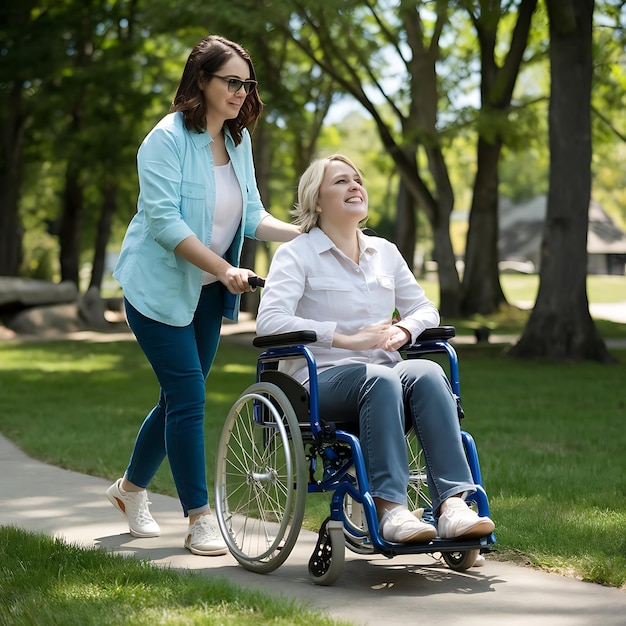 a woman in a wheelchair is pushing a woman in a wheelchair