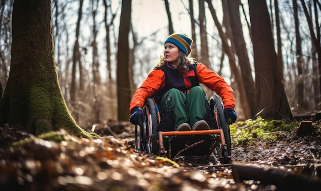 A woman in a wheelchair is riding through a forest.