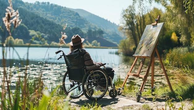 Photo a woman in a wheelchair is sitting by a lake painting a picture