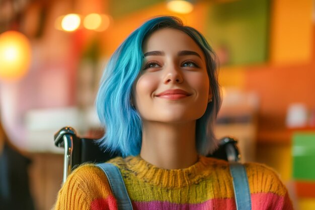 Photo a woman in a wheelchair is smiling and sitting in a room with a window