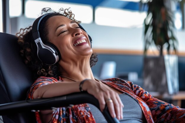 Photo woman in wheelchair listening music or relaxing nature sounds in large headphones attractive latin american middle age woman enjoying life mental health concept ai generated content