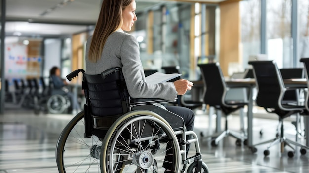 a woman in a wheelchair reading a book with a clipboard in the background