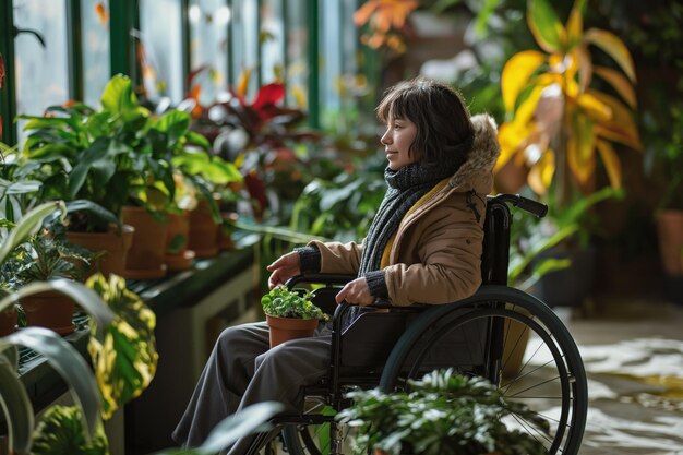 Photo woman in wheelchair sits surrounded by potted plants in greenhouse with natural light she holds